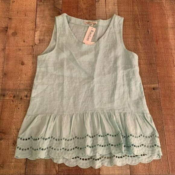 Valentina Naldi womens size medium linen blue tank top with eyelet lace ruffle - Picture 1 of 11